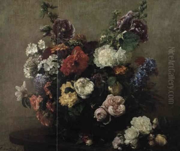 Fleurs Varieset Roses Dans Un Panier, Un Bouquet De Roses Sur La Table Oil Painting by Henri Fantin-Latour