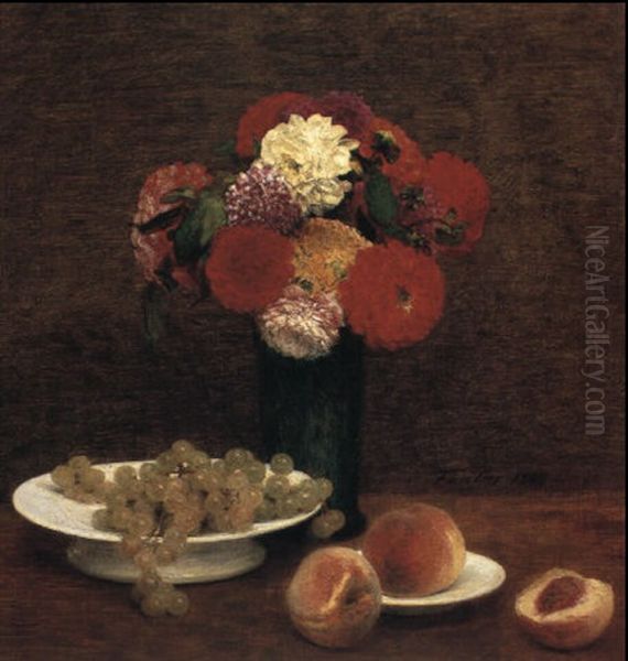 Dahlias Dans Un Vase Vert, Des Raisins Et Des Peches Oil Painting by Henri Fantin-Latour