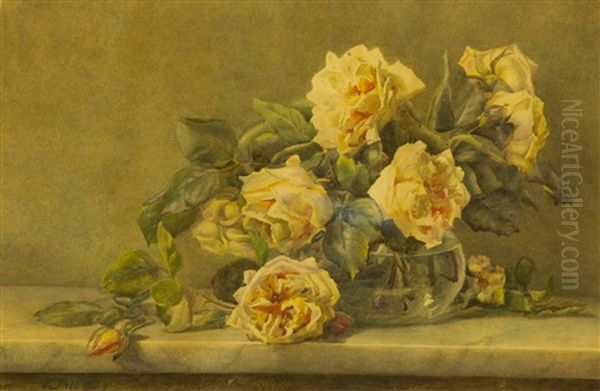 Still Life, Roses In A Glass Bowl, On A Marble Ledge Oil Painting by Victoria Dubourg Fantin-Latour