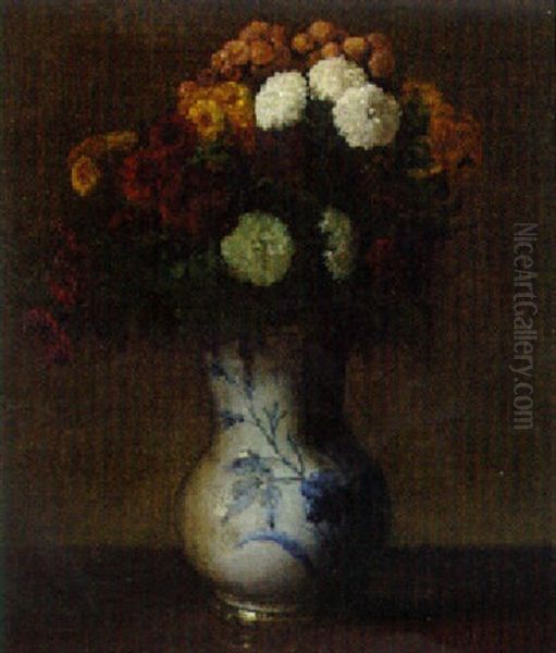 Summer Flowers In A Blue And White Vase Oil Painting by Victoria Dubourg Fantin-Latour