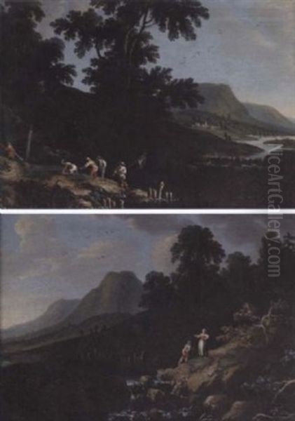 A Rocky River Landscape With Anglers Beside A Waterfall Oil Painting by Rodolfo Fantuzzi