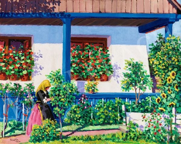 Flower Garden Oil Painting by Geza Farago