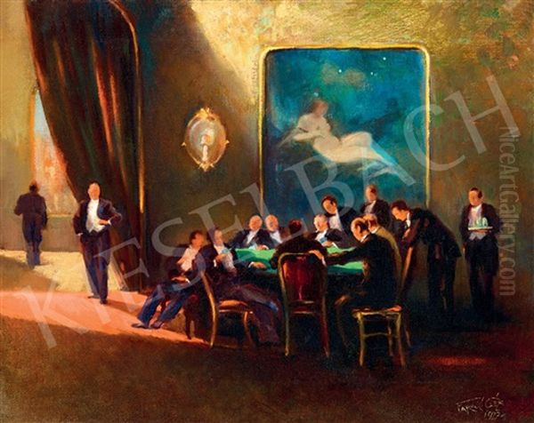 Poker Party Oil Painting by Geza Farago