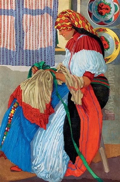 Young Girl Embroidering Oil Painting by Geza Farago