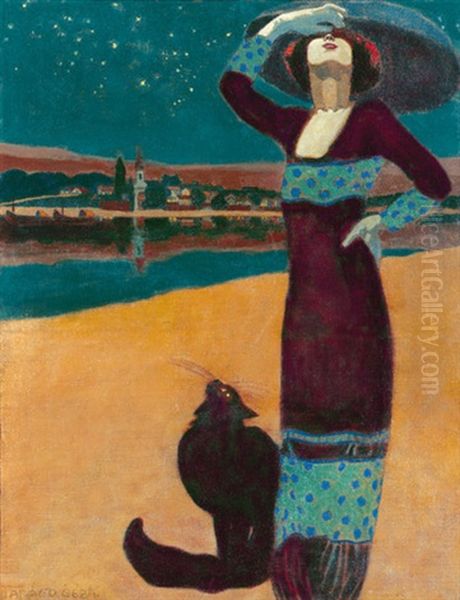 Woman With Cat Oil Painting by Geza Farago