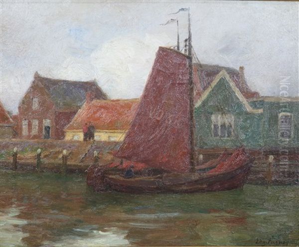 Een Volendamse Visserboot Aan De Kade Oil Painting by Edgard Farasyn