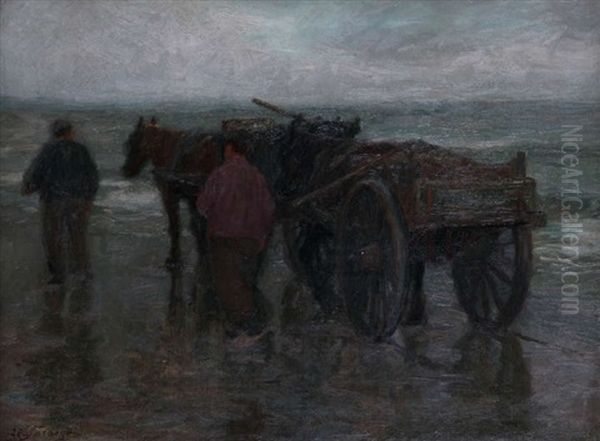 Shrimpers At The Beach Oil Painting by Edgard Farasyn