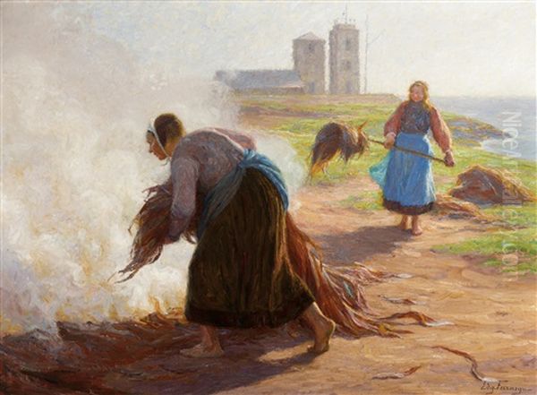 Women Burning Seaweed In Brittany Oil Painting by Edgard Farasyn