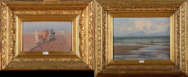 Plage Animee Et Laboureur Aux Champs (2 Works) Oil Painting by Edgard Farasyn