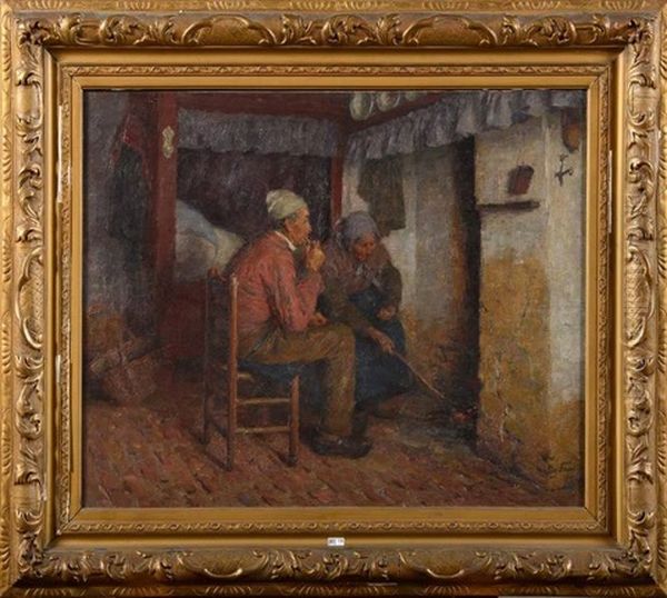 Vieux Couple Devant La Cheminee Oil Painting by Edgard Farasyn