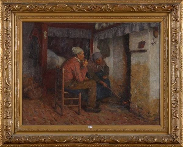 Vieux Couple Devant La Cheminee Oil Painting by Edgard Farasyn