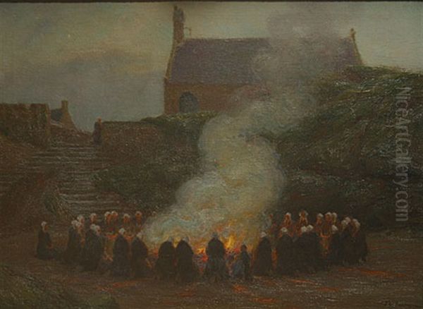 Rondom Het Sint-jansvuur (autour De Feu Saint-jean) Oil Painting by Edgard Farasyn