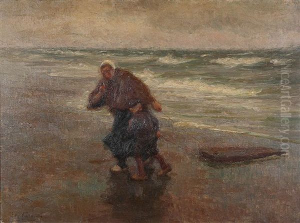 Plage Animee D'une Femme De Pecheur Et Garcon Oil Painting by Edgard Farasyn