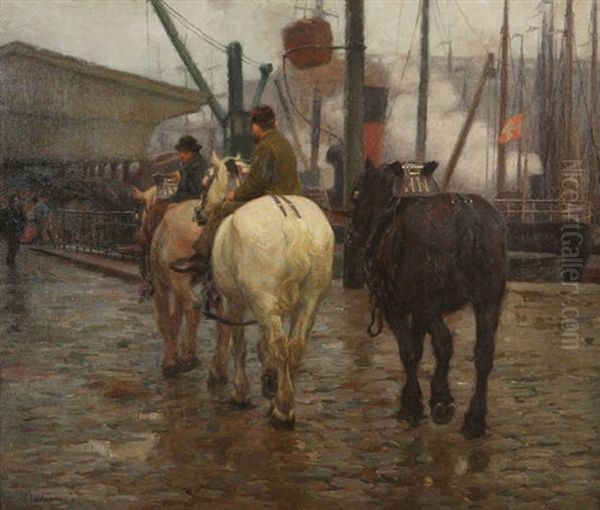 Le Port D'anvers Avec Dockers Et Chevaux De La Hessenatie Oil Painting by Edgard Farasyn