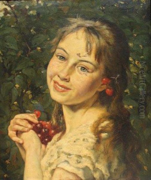 Jeune Fille Aux Cerises Oil Painting by Edgard Farasyn