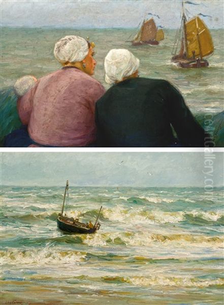 Marine Avec Bateau De Peche (+ Le Depart Des Pecheurs, Smllr; 2 Works) Oil Painting by Edgard Farasyn