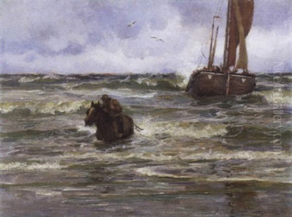 Het Binnenhalen Van De Boot (katwijk) Oil Painting by Edgard Farasyn