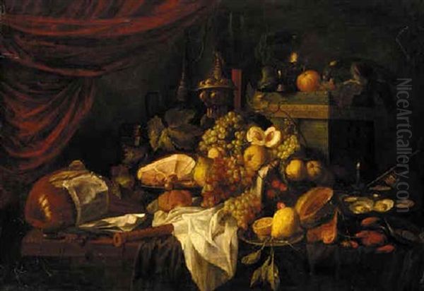 A Cornucopia Of Fruits Alongside Musical Instruments On A Table Oil Painting by Edgard Farasyn