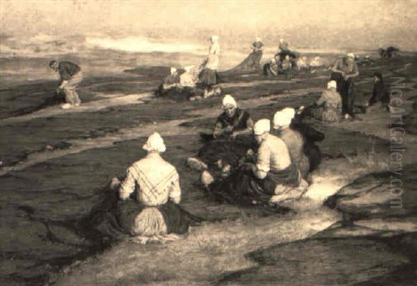 Mending The Fishing Nets Oil Painting by Edgard Farasyn