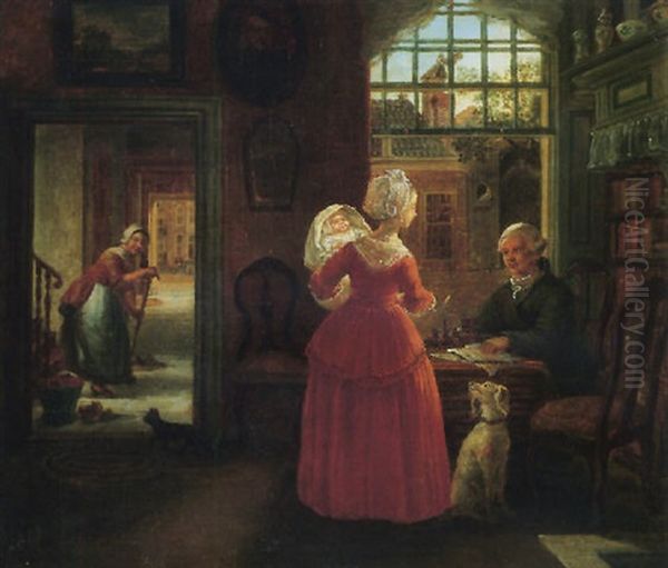 A Domestic Interior With A Husband, His Wife And Their Baby, A Maid Sweeping The Floor Beyond Oil Painting by Maria Margaretha La Fargue