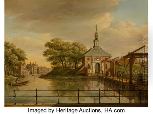 View Of The Zijlpoort, Leiden; View Of The Witte Poort, Leiden, 1773 (a Pair) Oil Painting by Paulus Constantijn la (La Fargue) Fargue