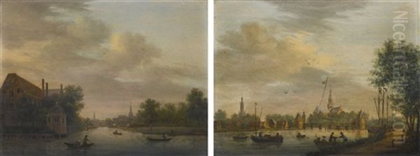 View Of An Amsterdam Canal Near The Timber Yards, With Figures In Boats, A Pavilion On The Bank; View Of A Canal With A Drawbridge, With Figures In Boats And On The Bank, A Church Beyond Oil Painting by Paulus Constantijn la (La Fargue) Fargue