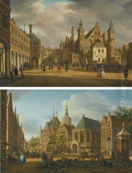 The Hague, A View Of The Binnenhof Looking North With The Ridderzaal (+ The Hague, A View Of The Groenmarkt Near The Westeinde Looking West; Pair) Oil Painting by Paulus Constantijn la (La Fargue) Fargue