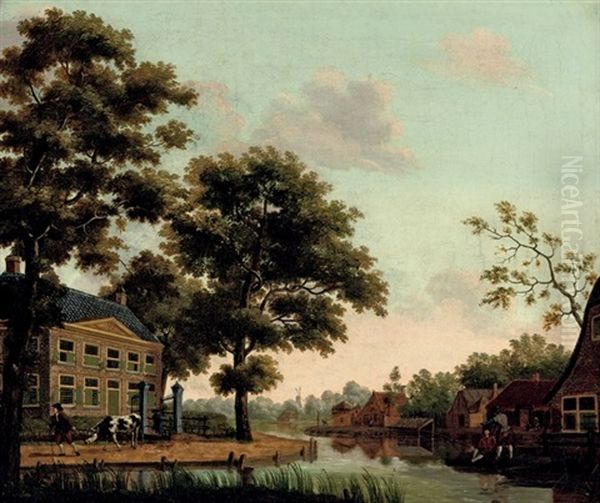 A Town Along A River With Figures Conversing And A Man Dragging A Cow On A Path by Paulus Constantijn la (La Fargue) Fargue