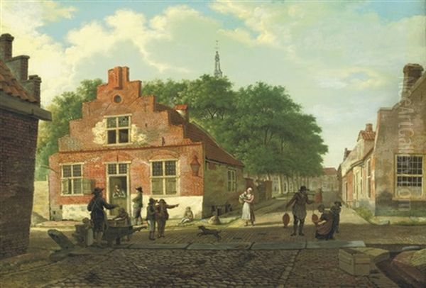 A Village Street With Figures Working And Conversing Oil Painting by Paulus Constantijn la (La Fargue) Fargue