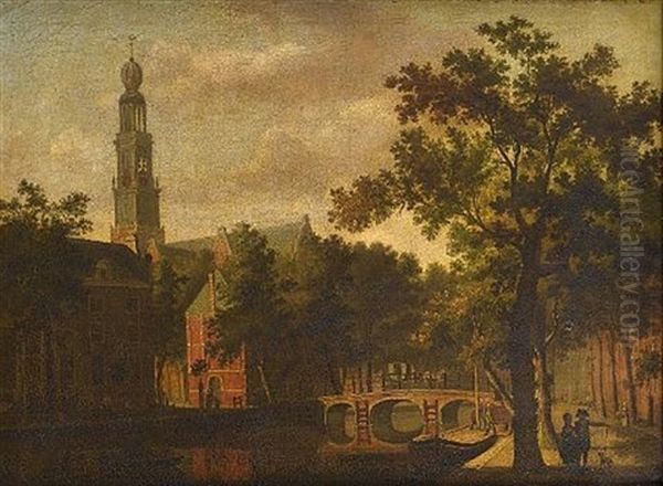 The Westerkerk, Amsterdam, With Figures On A Canal Path With A Horsedrawn Carriage Crossing A Bridge Beyond Oil Painting by Paulus Constantijn la (La Fargue) Fargue