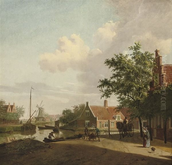 A Town With Figures Working And Conversing Along A River, A Windmill Beyond Oil Painting by Paulus Constantijn la (La Fargue) Fargue