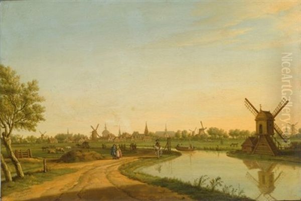 A View Of Leiden Looking From The North To The South With A Tow-boat On The Haarlemmertrekvaart, The Marekerk, The Tower Of The Stadhuis, The Onze Lieve Vrouwe Kerk, The P Oil Painting by Paulus Constantijn la (La Fargue) Fargue