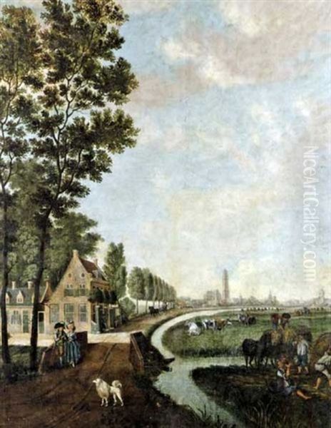 Couple Sur Un Pont Le Long D'un Canal Oil Painting by Paulus Constantijn la (La Fargue) Fargue