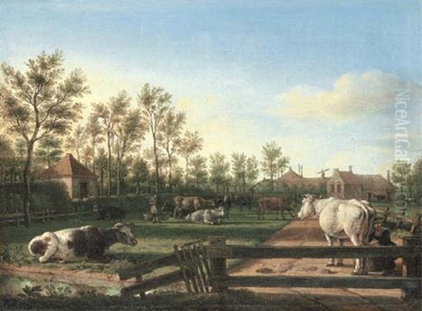 Cattle In An Enclosed Pasture Oil Painting by Paulus Constantijn la (La Fargue) Fargue