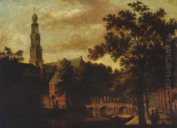 The Westerkerk, Amsterdam, With Figures On A Canal Path With A Horse-drawn Carriage Crossing A Bridge Beyond Oil Painting by Paulus Constantijn la (La Fargue) Fargue