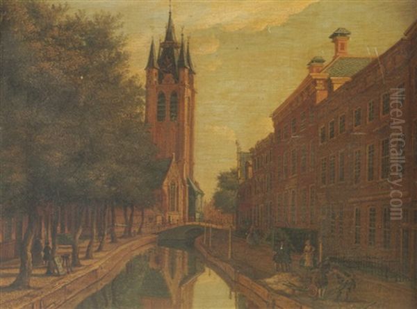 Delft, A View Of Oude Delft Looking South Towards The Oude Kerk Oil Painting by Paulus Constantijn la (La Fargue) Fargue