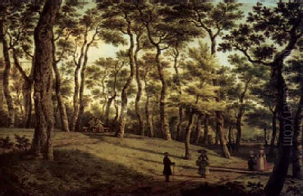 Figures Strolling In A Wooded Landscape Oil Painting by Paulus Constantijn la (La Fargue) Fargue