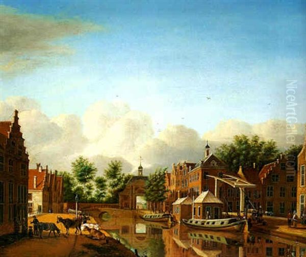 A View Of The Korte Mare, Leyden, From The South With Townsfolk Waiting For The Haarlem Ferry Near The Inn 'de Goude Molen', The Marepoort Beyond Oil Painting by Paulus Constantijn la (La Fargue) Fargue