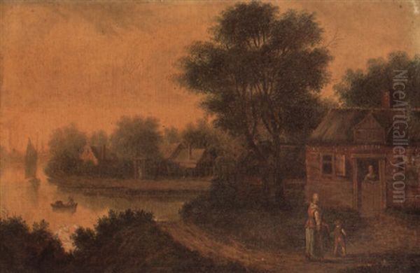 Wooded River Landscape With Figures Outside A Cottage Oil Painting by Paulus Constantijn la (La Fargue) Fargue