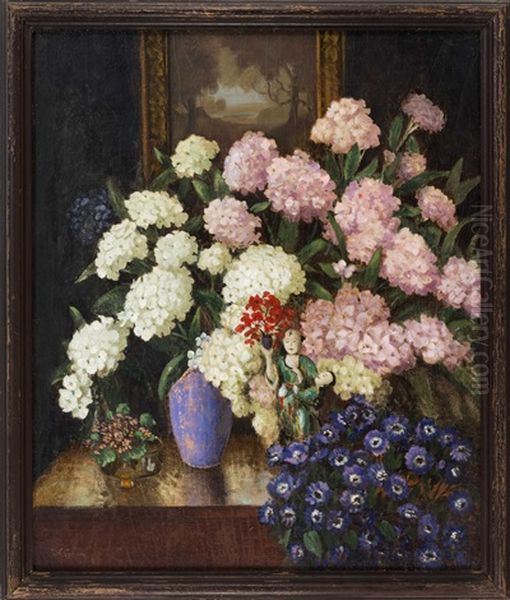 Still Life Of A Ceramic Figure And Flowers In A Blue Vase Oil Painting by Axel Farham