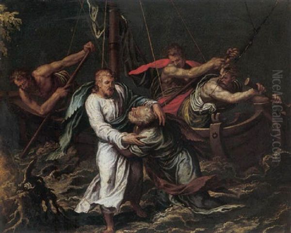 Christ Walking On The Waves Oil Painting by Orazio (Horatio) Farinati