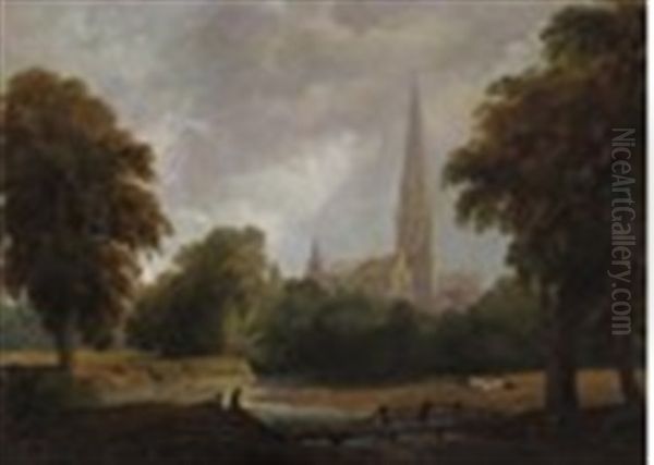 Salisbury Cathedral From The Meadows Oil Painting by Joseph Farington