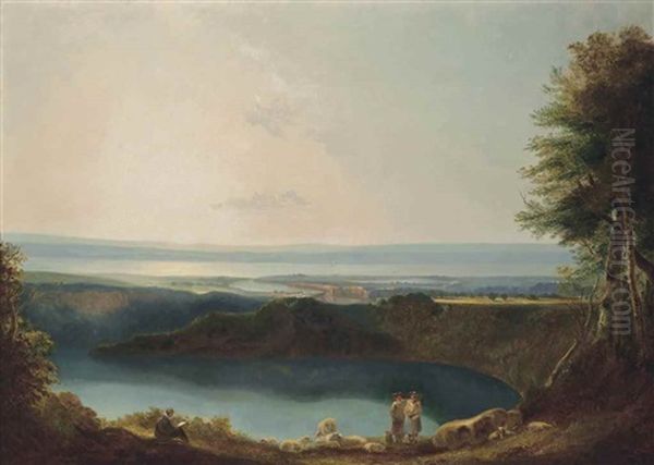 An Extensive River Landscape, Possibly The River Wye From Wyndcliffe, With Chepstow And The River Severn Beyond, An Artist And Shepherds In The Foreground Oil Painting by Joseph Farington