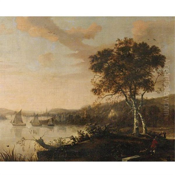 River Landscape With Hunters And A Port In Background Oil Painting by Joseph Farington