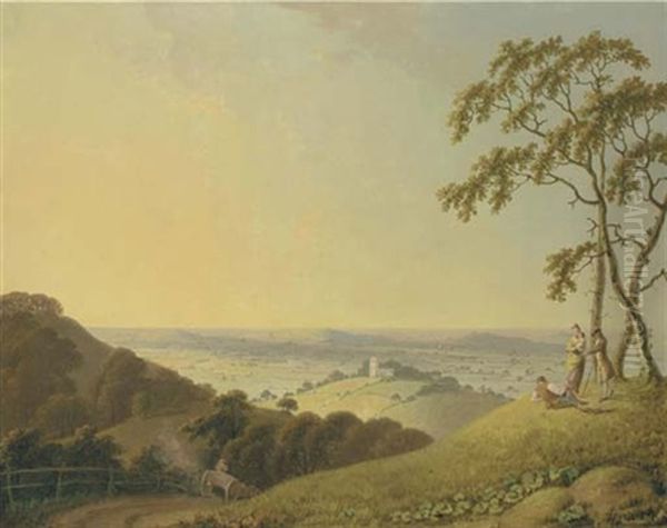 An Extensive Hilly Landscape With Figures In The Foreground Oil Painting by Joseph Farington