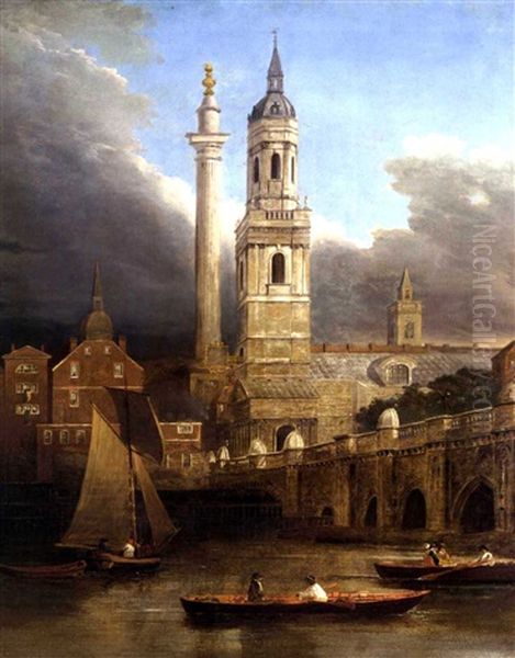 A View Of London Bridge And Monument From The South West Oil Painting by Joseph Farington