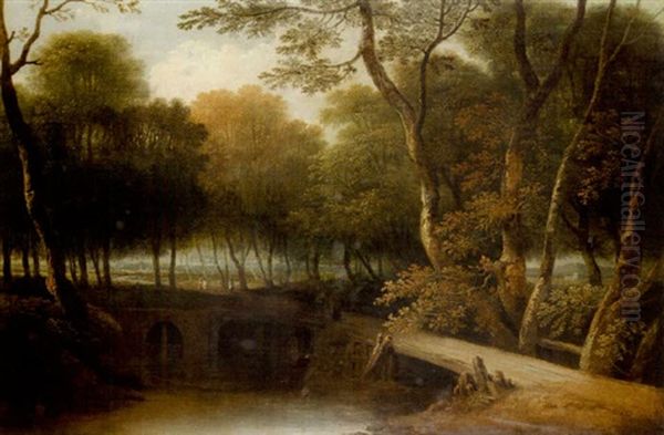 A Wooded Landscape With A Wooden Bridge Over A Stream, Figures On A Country Path Beyond Oil Painting by Joseph Farington