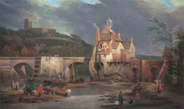 The Gatehouse On The Bridge Over The River Severn At Bridgnorth, Shrophire, With The Church Of St. Leonard Beyond Oil Painting by Joseph Farington