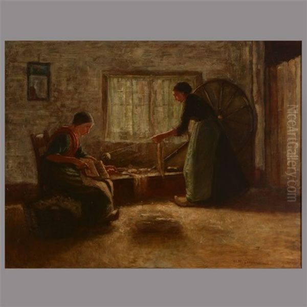 Two Women Spinning Oil Painting by Ammi Merchant Farnham