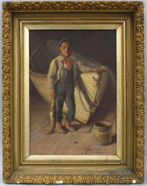 Boy With Fish Standing By Boat Oil Painting by Herbert Cyrus Farnum